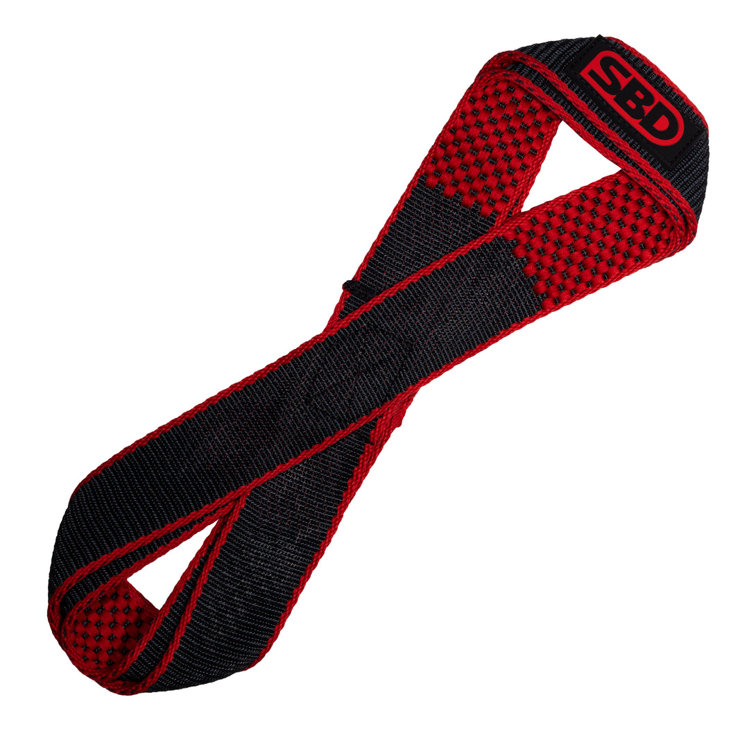 SBD Lifting Straps – Figure 8 strap volledig uitgevouwen op witte achtergrond