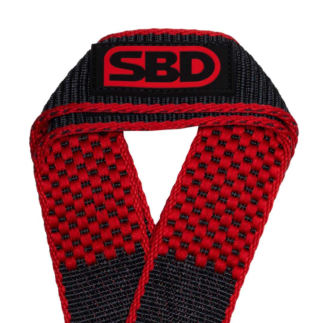 SBD Lifting Straps – Figure 8 strap, detail van de polslus en het rode logo