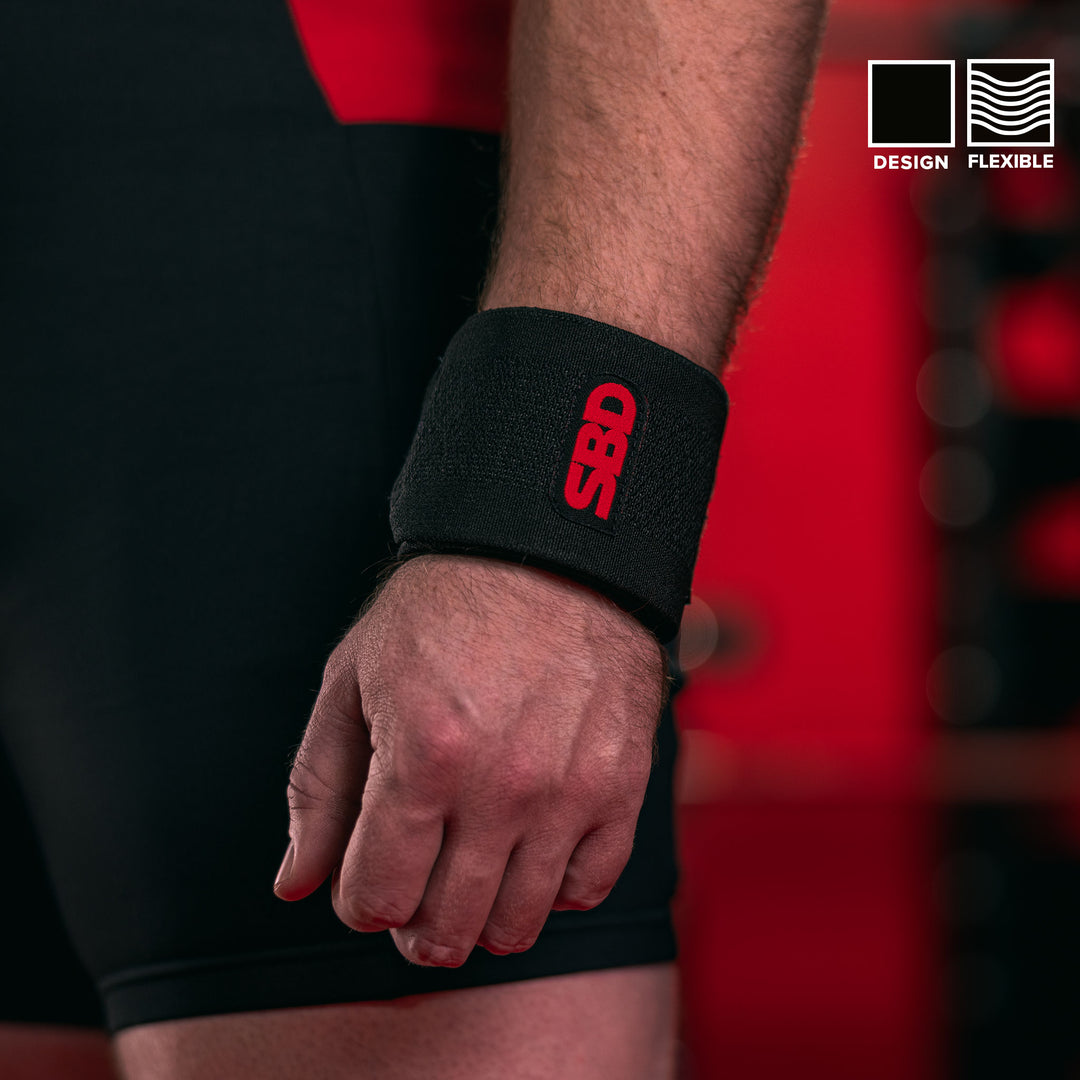 SBD Wrist Wraps – detail van de gedragen Flexible wrap met aanduiding