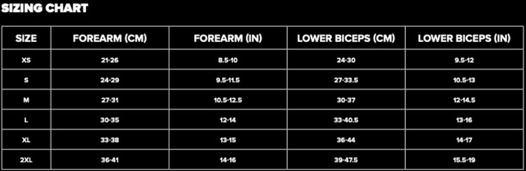 SBD Elbow Sleeves – officiële maattabel voor onderarm en bovenarm