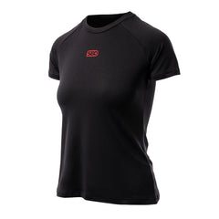 SBD Training T-Shirt Classic voor dames – zwart damesmodel met klein rood borstlogo op witte achtergrond