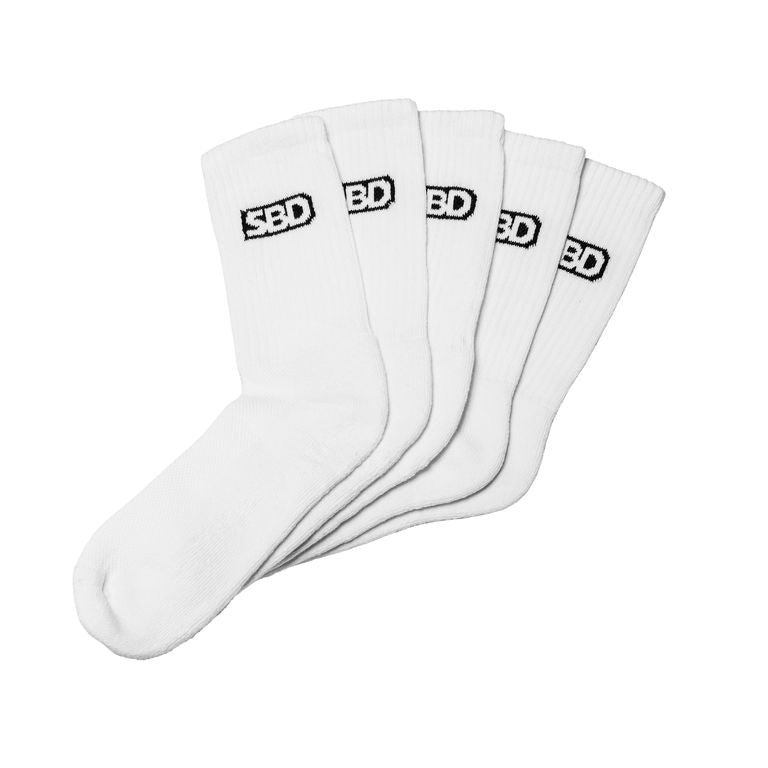 SBD Crew Socks 5 Pack Classic in wit met zwart SBD-logo – productfoto