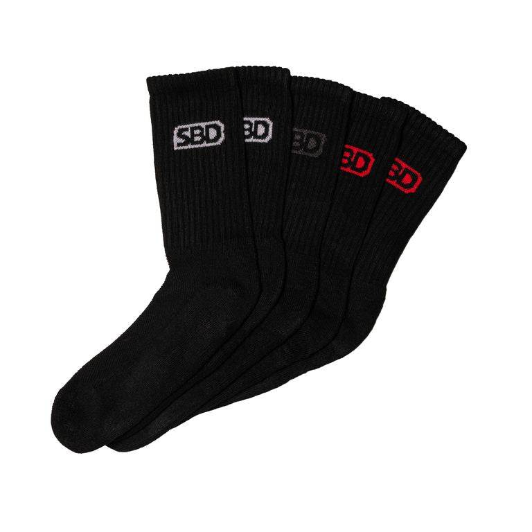 SBD Crew Socks 5 Pack Classic in zwart met verschillende SBD-logokleuren – productfoto
