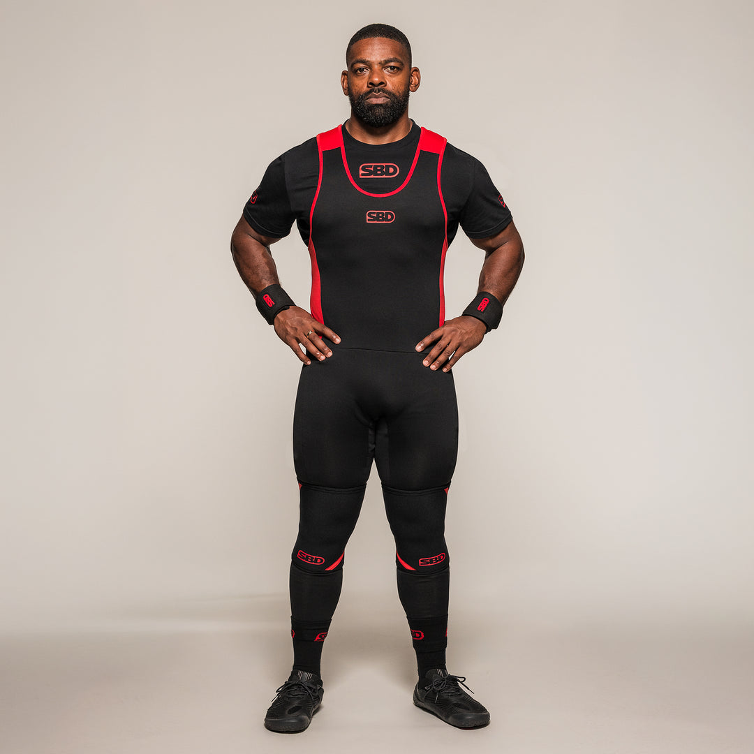 SBD Full Length Powerlifting Singlet voor heren in zwart-rood, volledige pasvorm