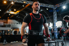 SBD Powerlifting Singlet Classic – herenmodel in zwart-rood gedragen bij een wedstrijd