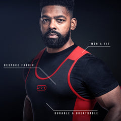 SBD Powerlifting Singlet Classic – herenmodel in zwart-rood met toelichting op de pasvorm